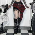 Damen Karo Minirock mit asymmetrischem Schnitt und verziertem Gurt EB
