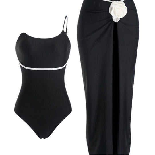 Damen Einteiler Badeanzug mit elegantem Rock und verspielten Blütendetails R&B