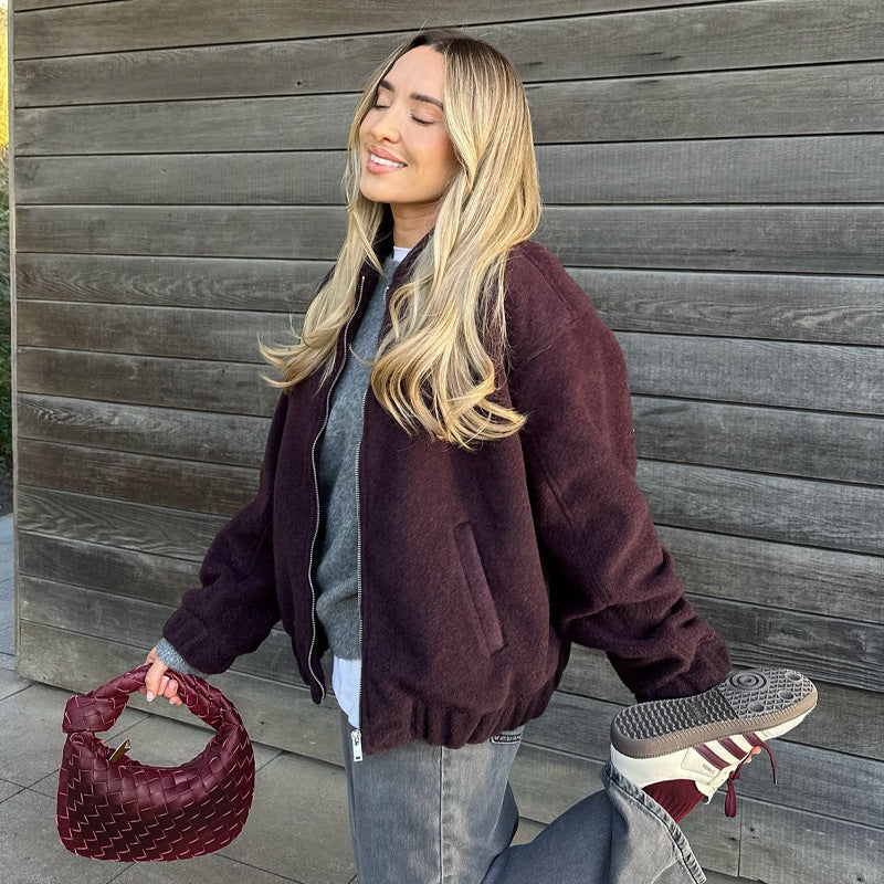 Damen Fleece-Bomberjacke mit elastischem Saum und praktischen Eingrifftaschen R&B