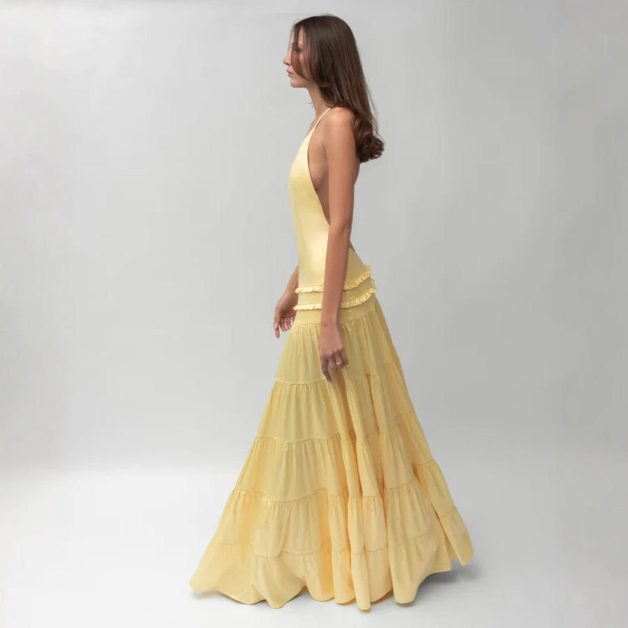 Damen elegantes asymmetrisches Maxikleid mit Rüschendetails R&B
