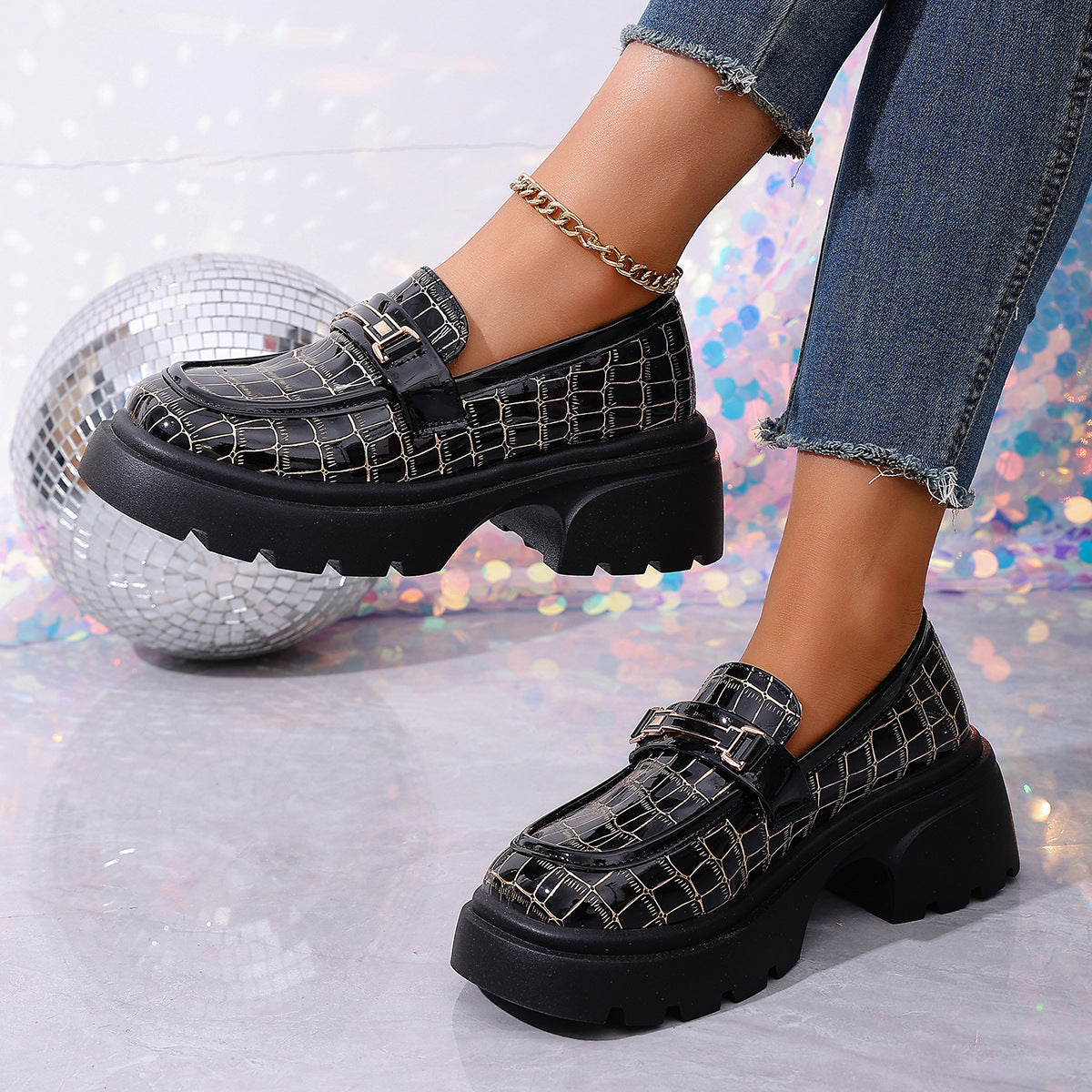 Damen Chunky Loafers mit glamourösem Krokodil-Design und komfortabler Plattform EB