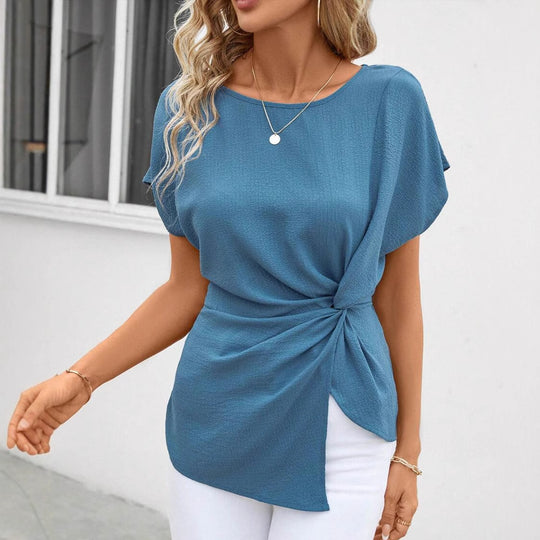 Damen nan tailliertes Kurzarm-Drapéshirt mit seitlicher Knotenschlinge und strukturierter Crêpeoptik R&B