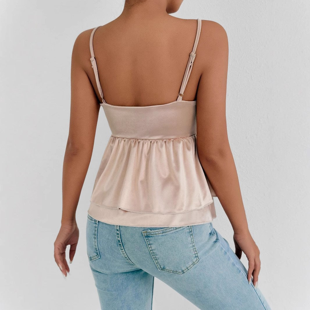 Damen elegantes Satin-Oberteil mit dekorativen Volants R&B