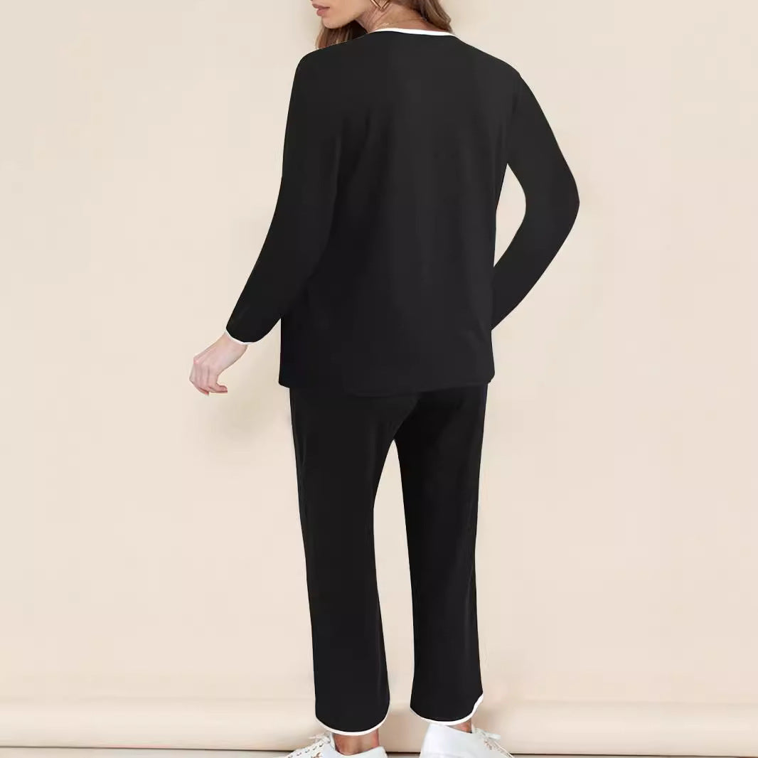 Damen Schlafanzug Set mit elegantem V-Ausschnitt und weiten Beinen R&B