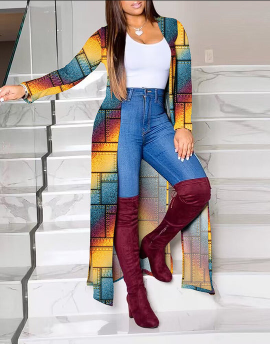 Damen Lange Strickjacke mit modernem grafischem Muster R&B