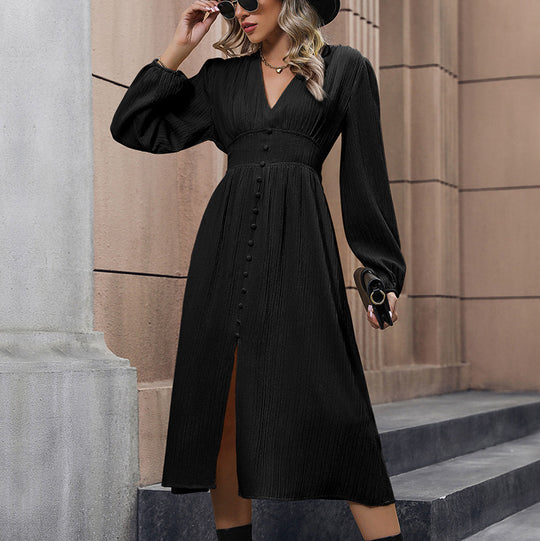 Damen elegantes Midikleid mit tiefer V-Ausschnitt und durchgehenden Knopfdetails R&B