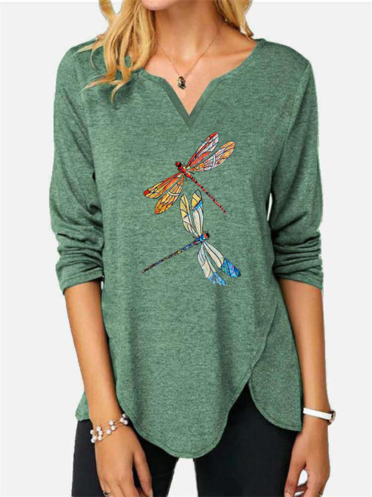 Damen V-Ausschnitt Langarmshirt mit Drachenfliegen-Print R&B