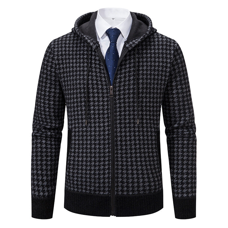 Herren gemütlicher Strickpullover mit modernem Karomuster und Kapuze R&B