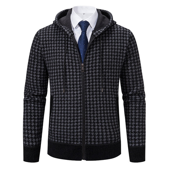 Herren gemütlicher Strickpullover mit modernem Karomuster und Kapuze R&B