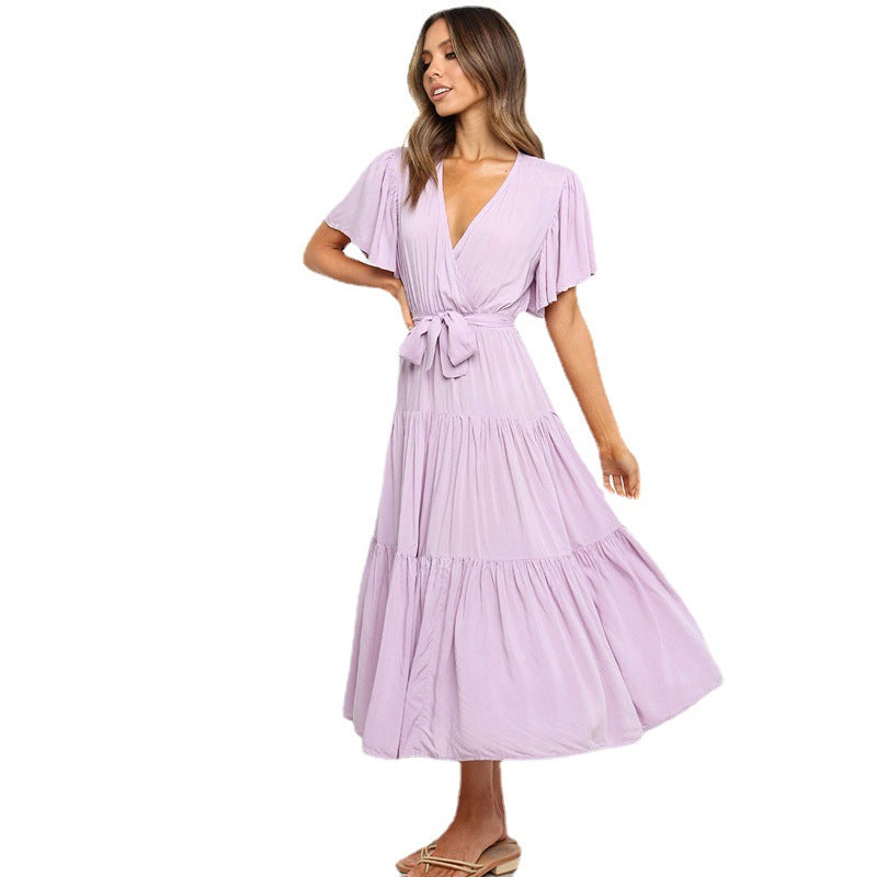 Damen Maxikleid mit tiefem V-Ausschnitt und schwingenden Ärmeln R&B