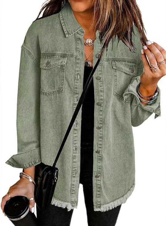Damen lässiges Denim-Hemd mit fransigen Säumen und praktischen Brusttaschen R&B