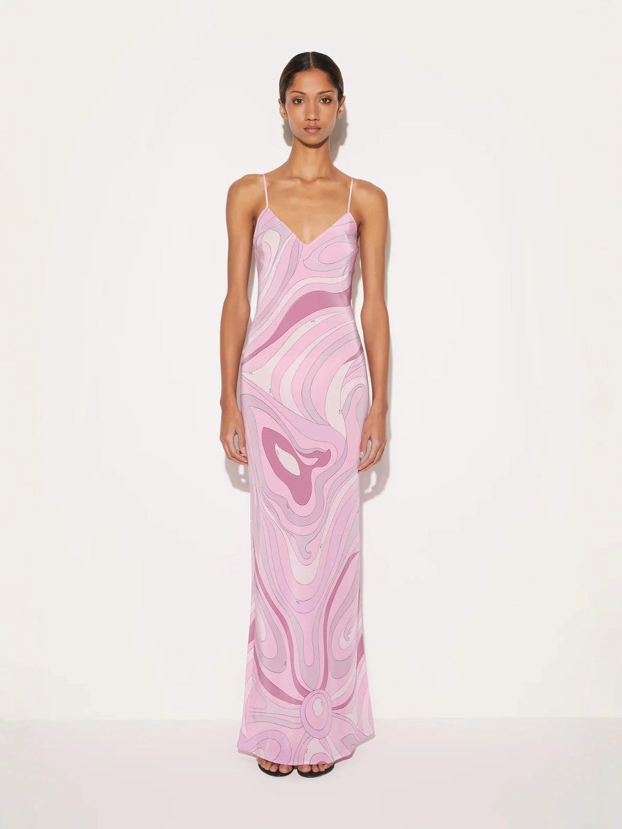 Damen nan elegantes Slip-Maxikleid mit V-Ausschnitt, filigranen Spaghettiträgern und retro-grafischem Allover-Print R&B