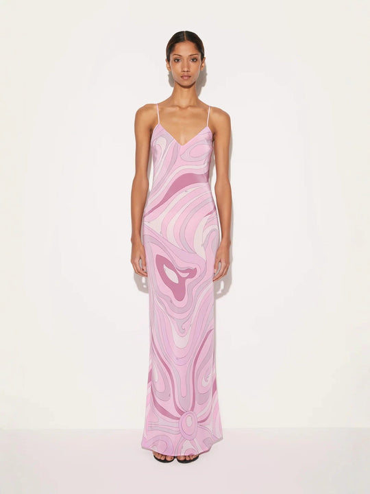 Damen nan elegantes Slip-Maxikleid mit V-Ausschnitt, filigranen Spaghettiträgern und retro-grafischem Allover-Print R&B