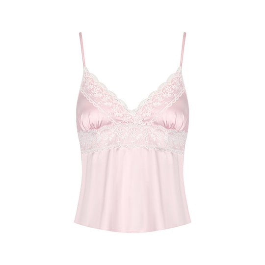 Damen Nackt-Satin Top mit zarten Spitzeinsatz und verstellbaren Trägern R&B