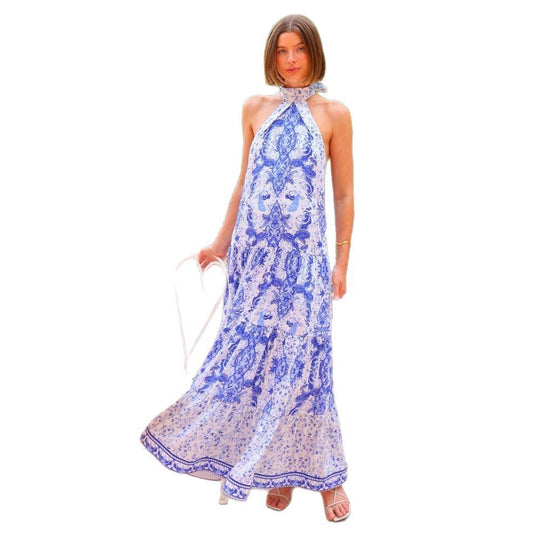 Damen Maxikleid im eleganten Bohemian-Stil mit verführerischem Halsband und fließendem Schnitt R&B