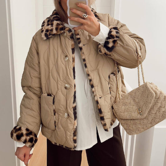 Damen gesteppte Jacke mit kuscheligem Leo-Kragen und praktischen Taschen R&B