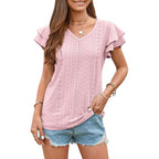 Damen luftiges V-Ausschnitt T-Shirt mit Rüschendetails und Lochmuster R&B