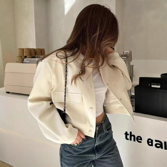Damen lässige Kunstlederjacke mit praktischen Taschen und elastischen Bündchen R&B