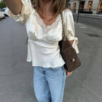 Damen Satinbluse mit Spitzenakzenten R&B