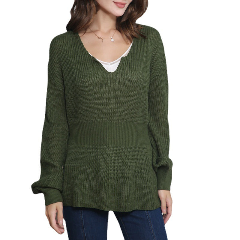 Damen Grobstrickpullover mit tiefem V-Ausschnitt und lässigem Schnitt R&B