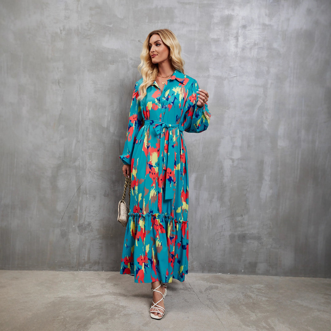 Damen Maxikleid mit farbenfrohem Floral-Design und elegantem Taillengürtel R&B