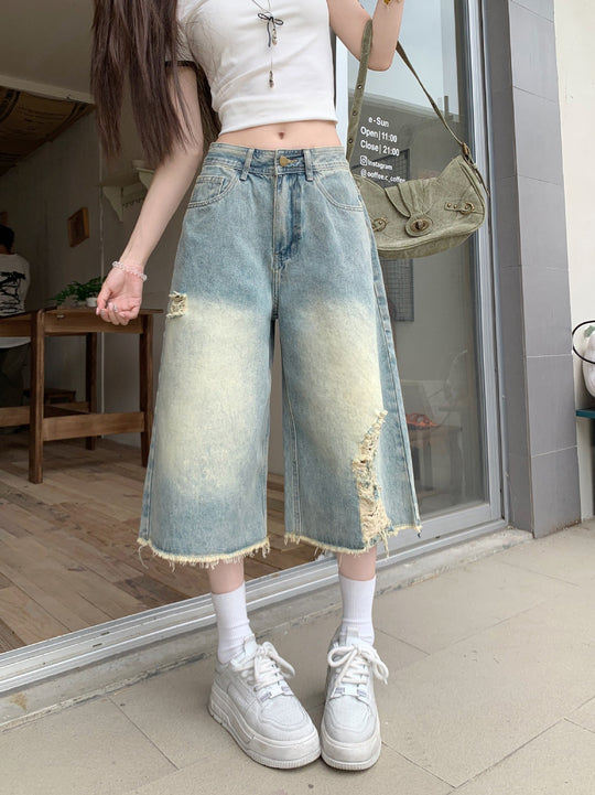 Damen Weite Denim-Culotte mit modischen Rissdetails und lässigem Schnitt R&B