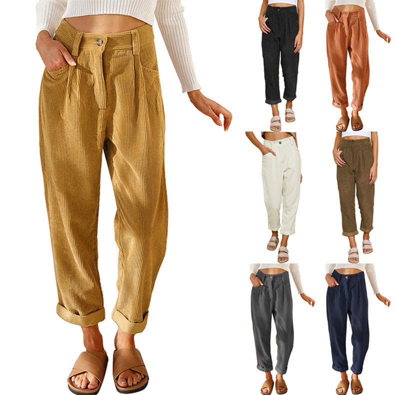 Damen nan weiche weite Cordhose mit hoher Taille, Bundfalten und umgeschlagenem Saum R&B