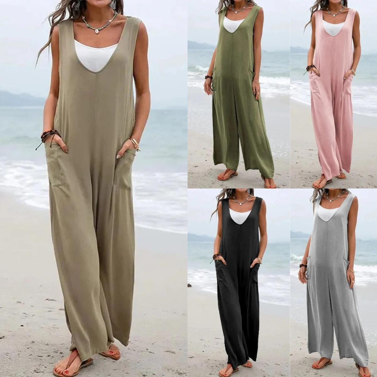 Damen Lässiger Jumpsuit mit tiefem V-Ausschnitt und praktischen Taschen R&B