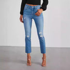 Damen modische High-Waist Jeans mit lässigem Destroyed-Look R&B