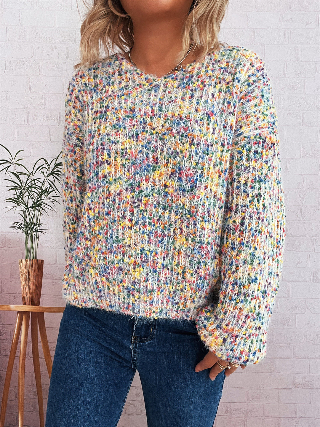 Damen komfortabler Strickpullover mit buntem Strukturmuster und weit geschnittenen Ärmeln R&B