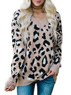 Damen Pullover mit Leopardenmuster und V-Ausschnitt R&B