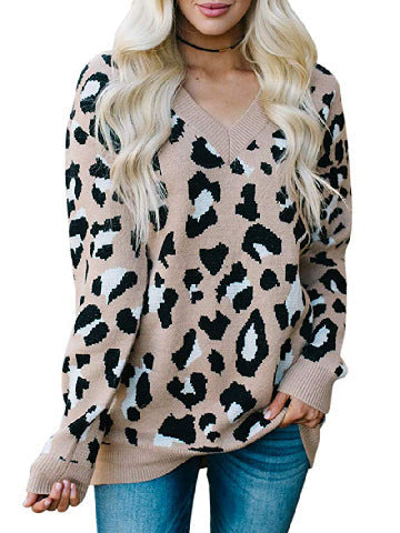 Damen Pullover mit Leopardenmuster und V-Ausschnitt R&B
