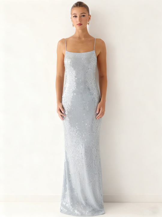 Damen Glamouröses Pailletten-Maxikleid mit schmalem Schnitt und feinen Spaghettiträgern R&B
