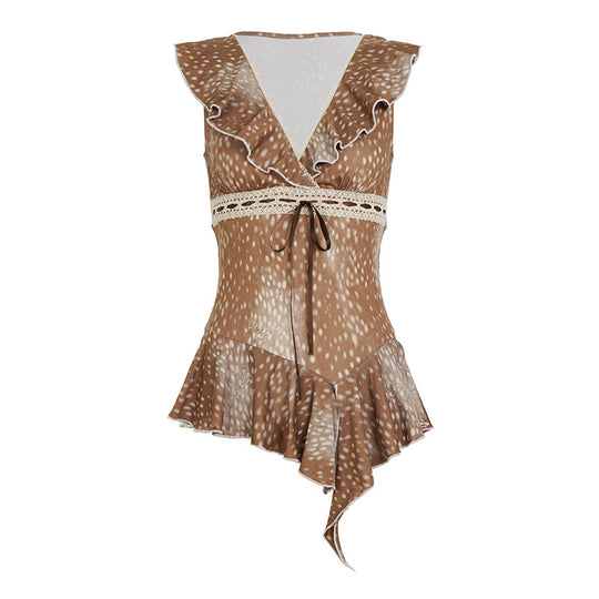Damen asymmetrisches Sommerkleid mit Rüschen und Spitzenakzenten R&B