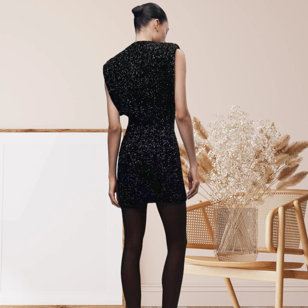 Damen Elegantes Cocktailkleid mit funkelndem Paillettendesign und hochgeschlossenem Stehkragen R&B