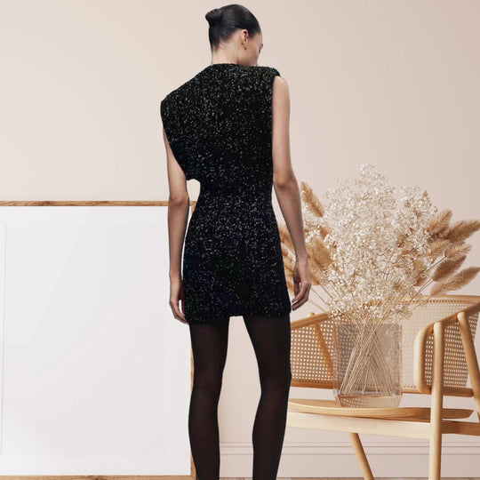 Damen Elegantes Cocktailkleid mit funkelndem Paillettendesign und hochgeschlossenem Stehkragen R&B