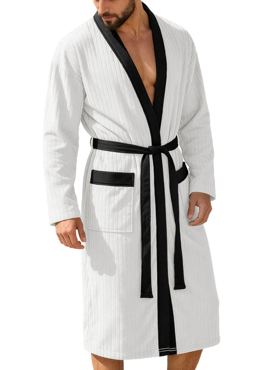 Herren nan wadenlanger Rippen-Bademantel im Kimono-Stil mit Schalkragen und Kontrastpaspel R&B