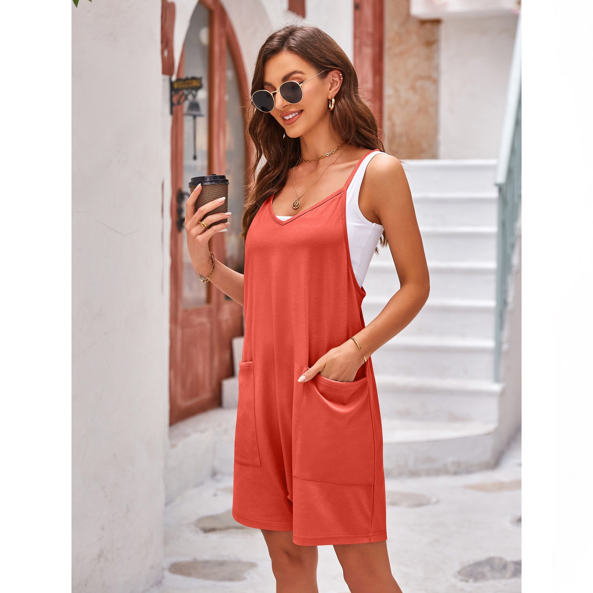 Damen komfortabler Overall mit tiefem Ausschnitt und praktischen Taschen R&B