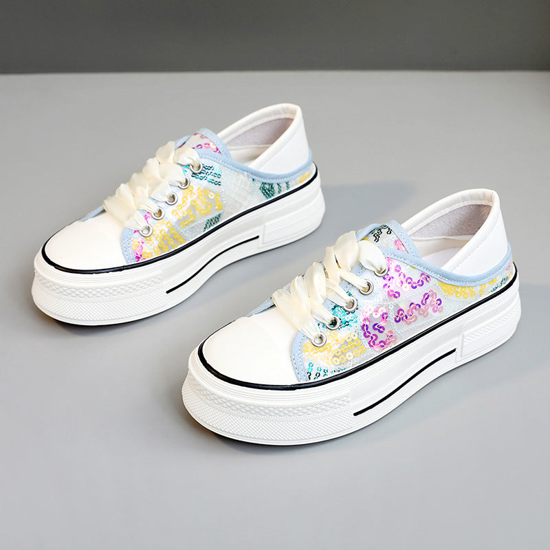 Damen modische Plateausneaker mit glänzenden Pailletten und elastischem Schnürsystem R&B