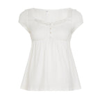 Damen lässiges T-Shirt mit Spitzenverzierung und Knopfdetails R&B