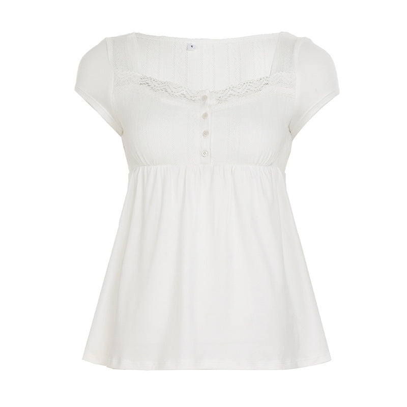 Damen lässiges T-Shirt mit Spitzenverzierung und Knopfdetails R&B