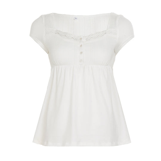 Damen lässiges T-Shirt mit Spitzenverzierung und Knopfdetails R&B