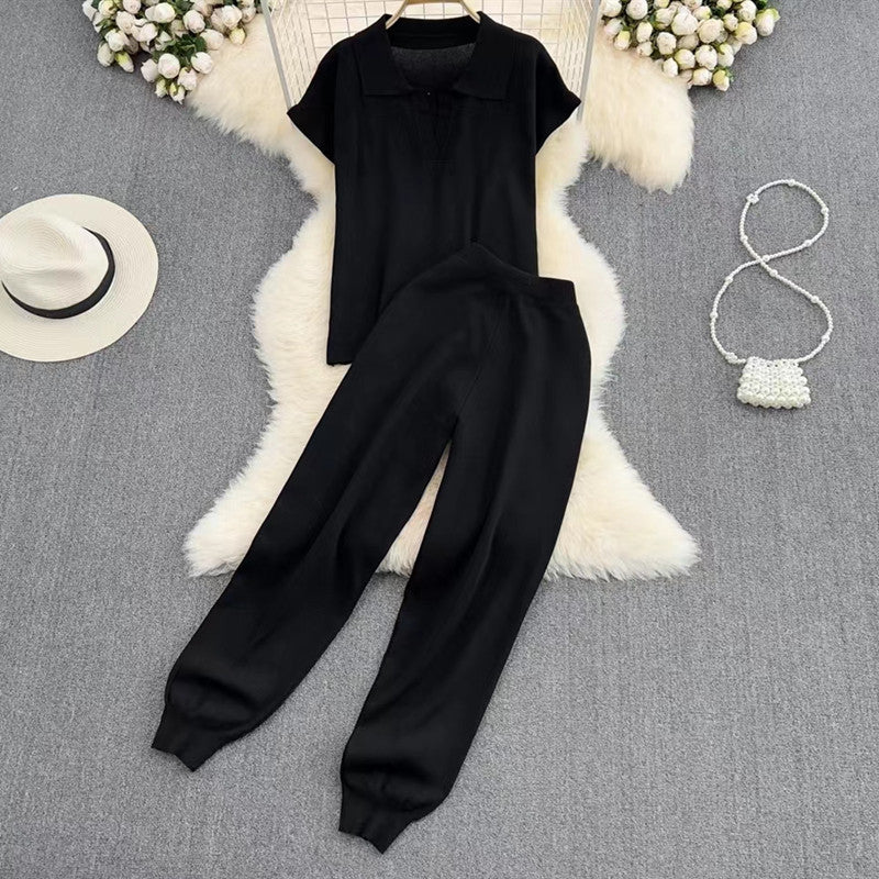 Damen elegantes Lounge-Set mit kurzärmligem Polo und weiten Hosen R&B