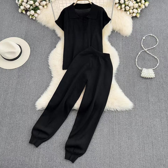 Damen elegantes Lounge-Set mit kurzärmligem Polo und weiten Hosen R&B