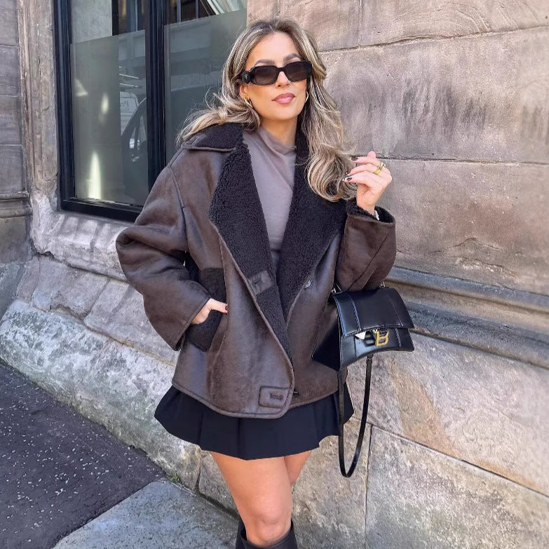 Damen Kunstpelzjacke mit stilvollem Kragen und praktischen Taschen R&B