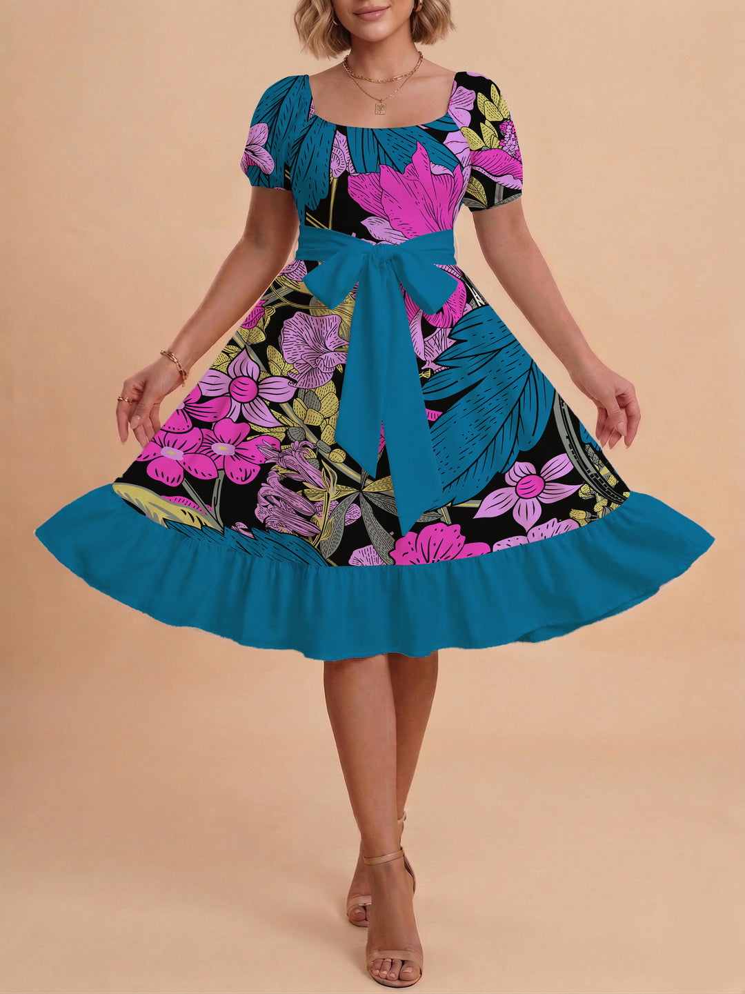 Damen modernes Blumenkleid mit elegantem Taillengürtel und asymmetrischem Saum R&B