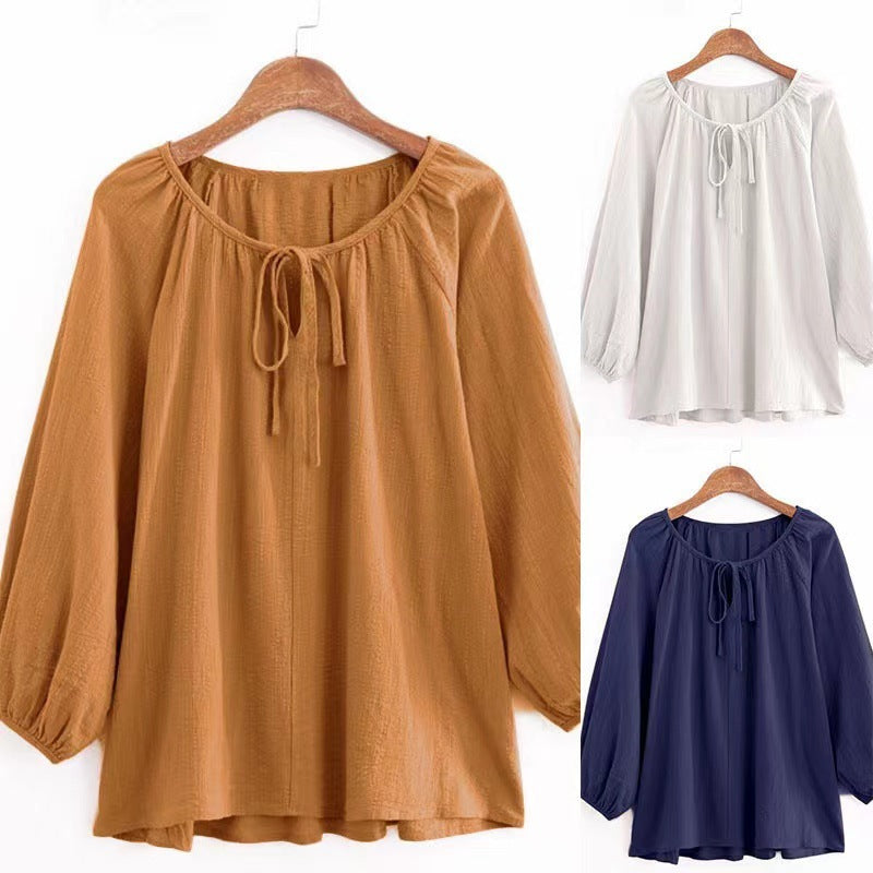 Damen Bluse mit elegantem Rundhalsausschnitt und knieumspielenden Puffärmeln R&B