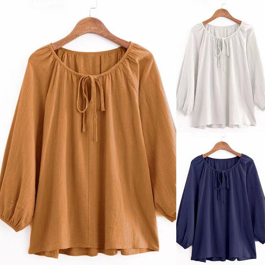 Damen Bluse mit elegantem Rundhalsausschnitt und knieumspielenden Puffärmeln R&B