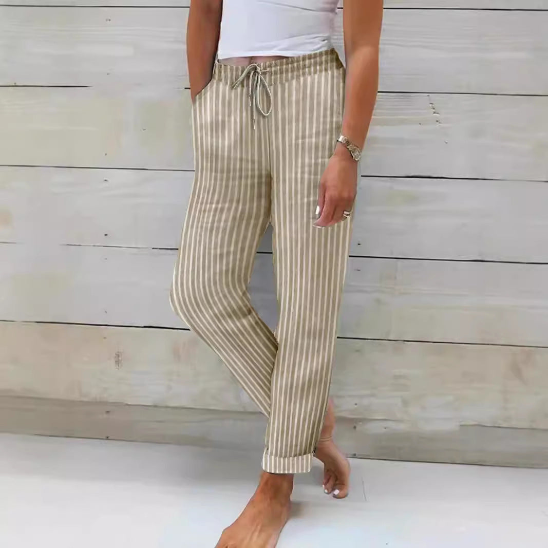 Damen entspannte Baumwoll-Streifenhose mit verstellbarem Bund R&B