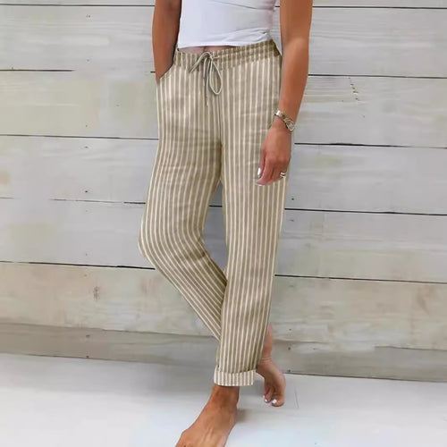 Damen entspannte Baumwoll-Streifenhose mit verstellbarem Bund R&B